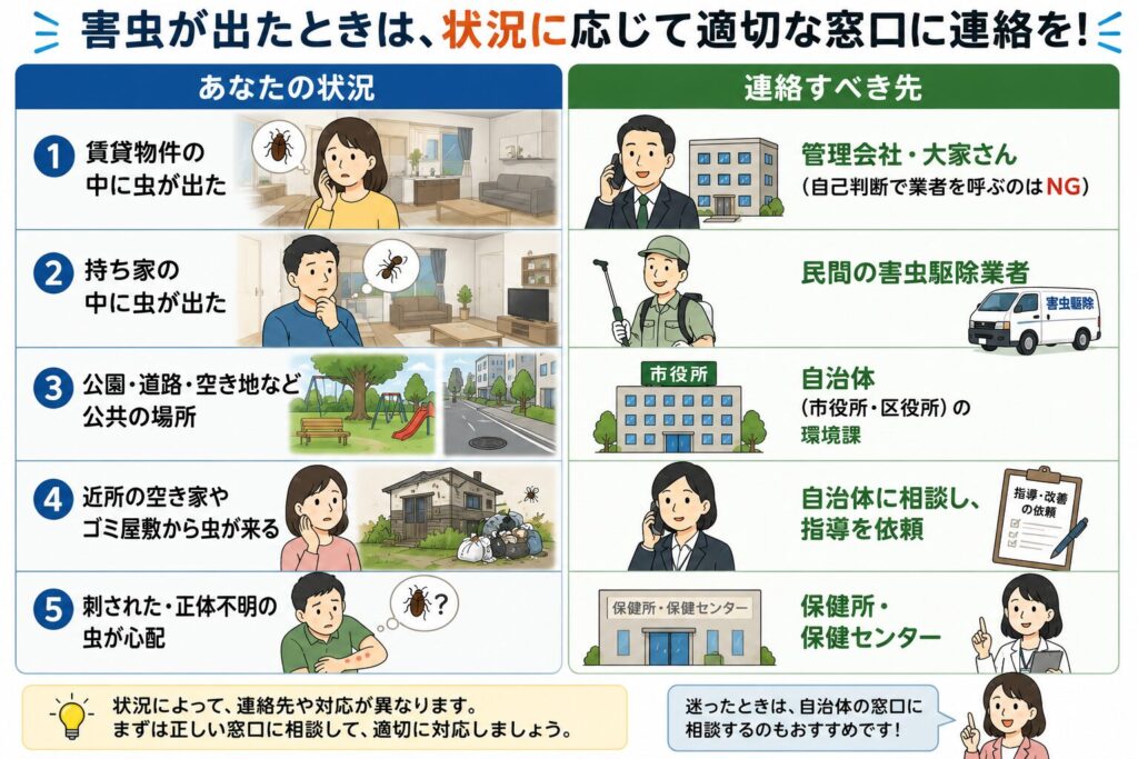 害虫駆除の相談先比較表。ゴキブリやシロアリ、ハチなどの害虫が発生した際に、賃貸物件は管理会社や大家、持ち家は害虫駆除業者、公共施設は自治体、虫刺されは保健所へ相談する流れを図解。