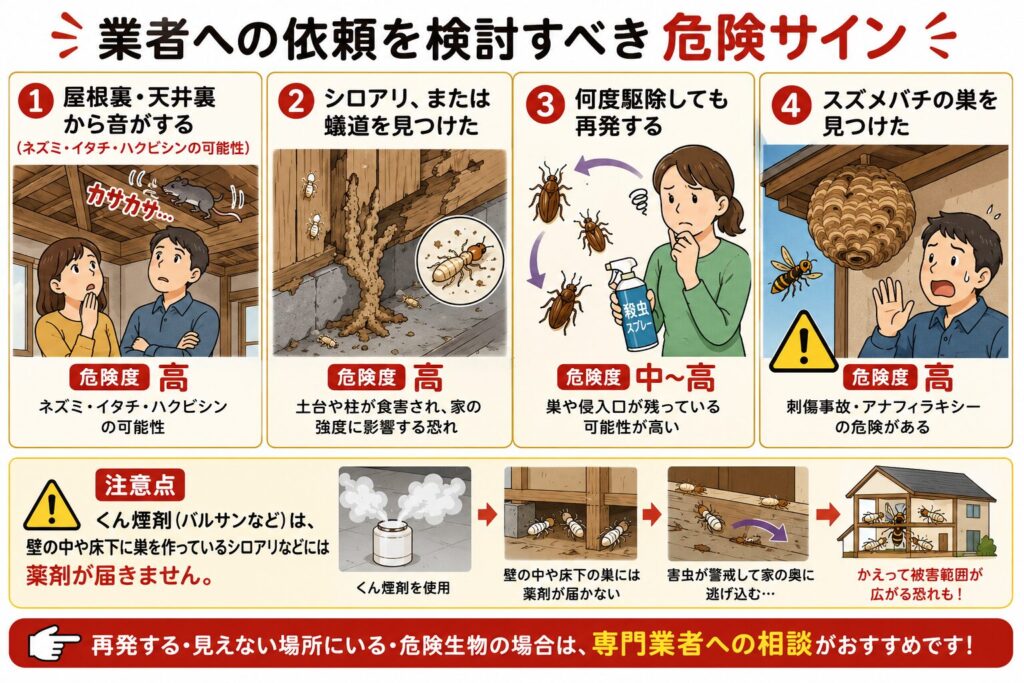 害虫駆除を業者に依頼すべき危険サイン一覧。屋根裏のネズミ被害、シロアリや蟻道の発見、ゴキブリなどの再発、スズメバチの巣の発見といったケースや、くん煙剤だけでは解決できない理由を図解で解説。