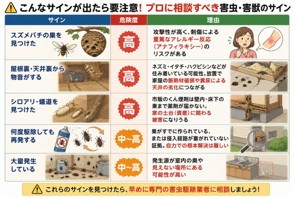 害虫駆除を業者に依頼すべき危険サイン一覧。スズメバチの巣、ネズミの物音、シロアリ被害、ゴキブリの再発、大量発生など、自力駆除が難しいケースと放置リスクを図解で解説。