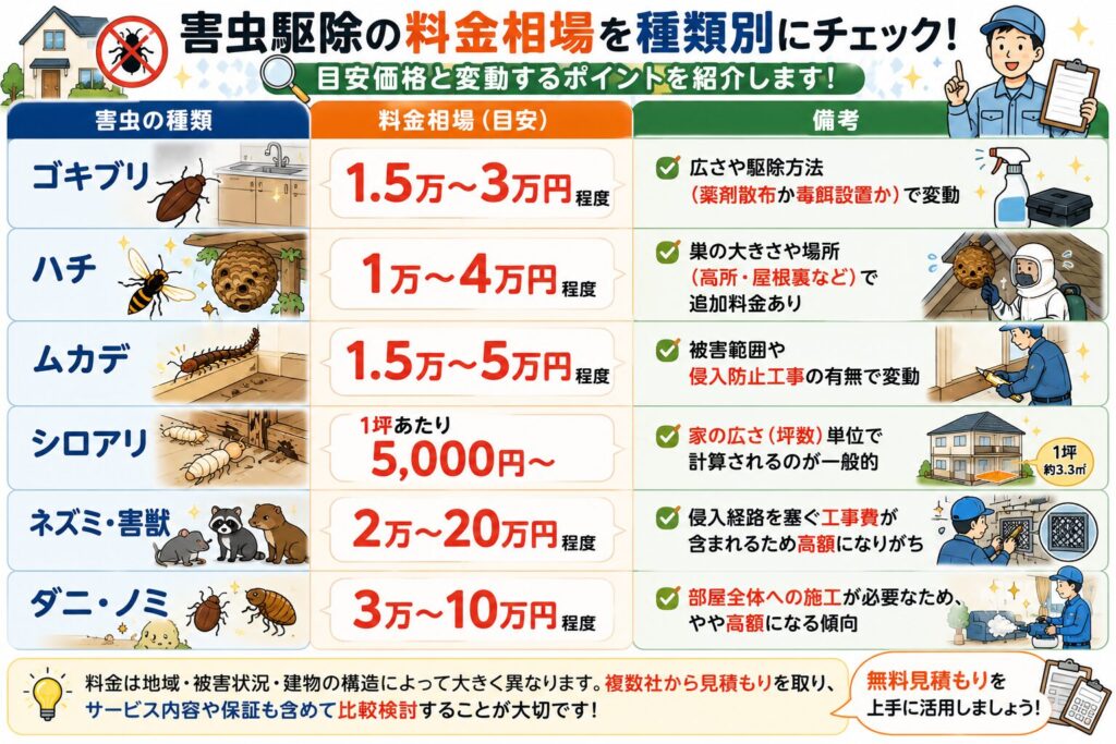 害虫駆除の費用相場比較表。ゴキブリ駆除、ハチの巣駆除、ムカデ駆除、シロアリ駆除、ネズミ駆除、ダニ・ノミ駆除の料金目安や追加費用が発生するケースを図解でわかりやすく解説。