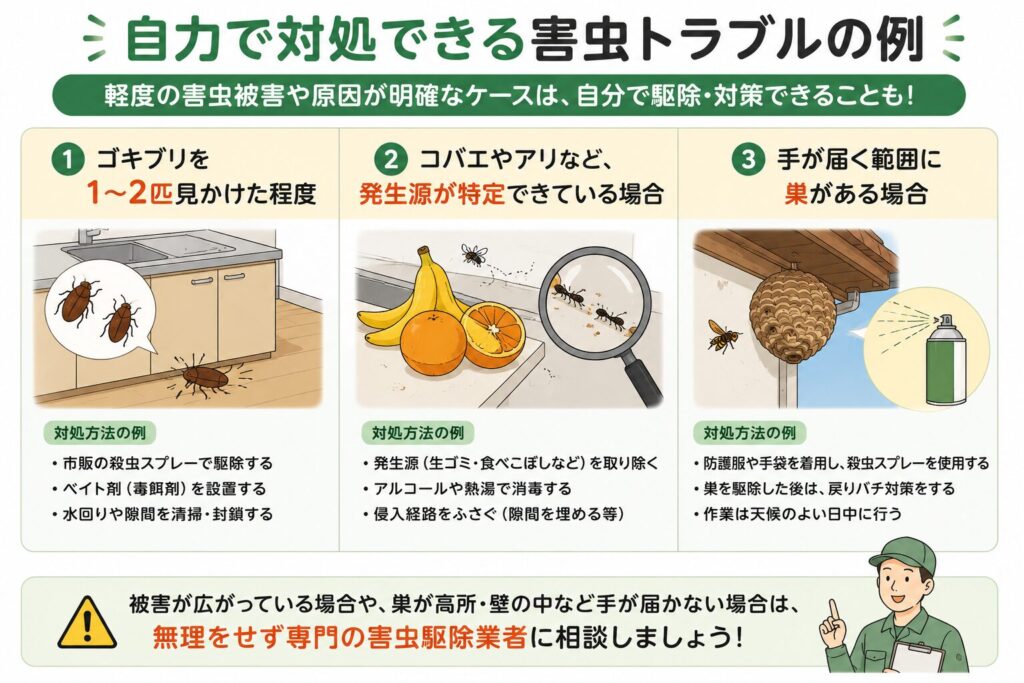 害虫駆除を自分でできるケースを解説した比較表。ゴキブリが少数発生した場合、コバエやアリの発生源が特定できる場合、手の届く範囲の巣を駆除する場合のDIY対策方法と業者へ依頼すべき判断基準を図解。