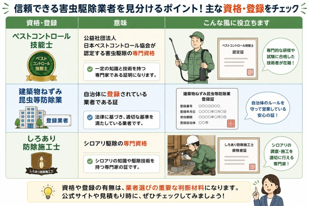 害虫駆除業者の選び方を解説した資格比較表。ペストコントロール技能士、建築物ねずみ昆虫等防除業、しろあり防除施工士など、信頼できる害虫駆除業者を見分けるために確認したい資格や登録制度を図解。