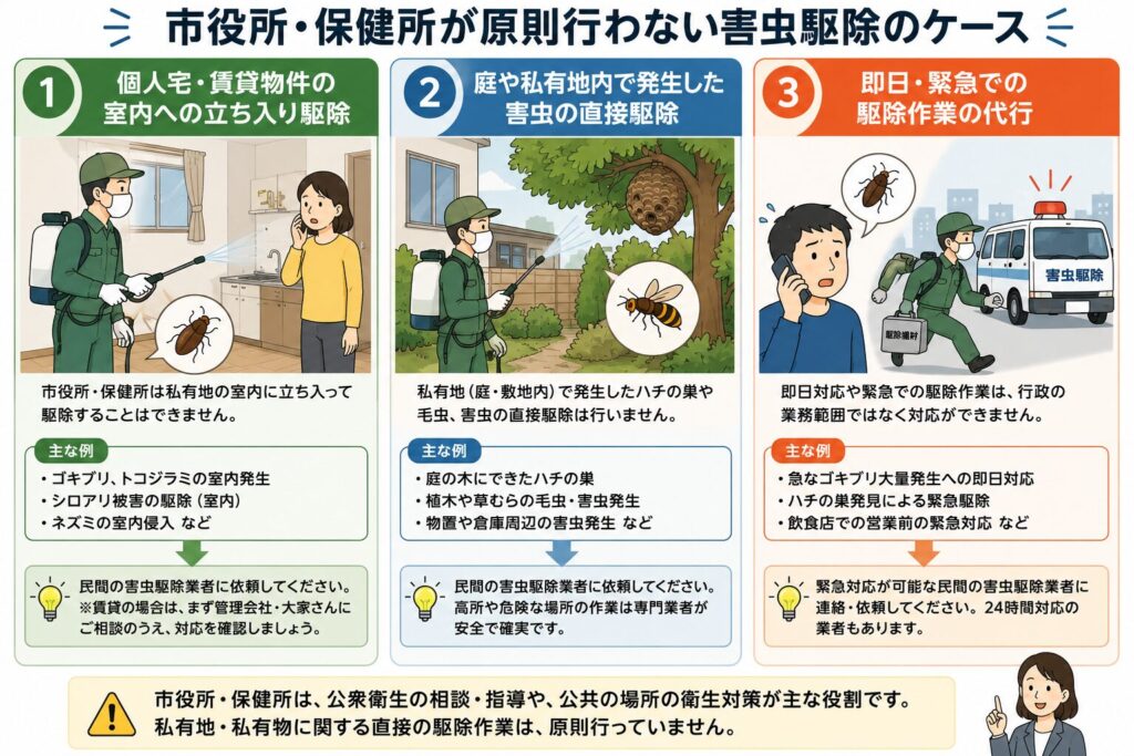 害虫駆除は市役所や保健所に依頼できる?個人宅のゴキブリ・シロアリ・ネズミ駆除、庭のハチの巣駆除、緊急対応が必要な害虫被害など、市役所が対応しないケースと民間業者へ依頼すべきケースを図解。