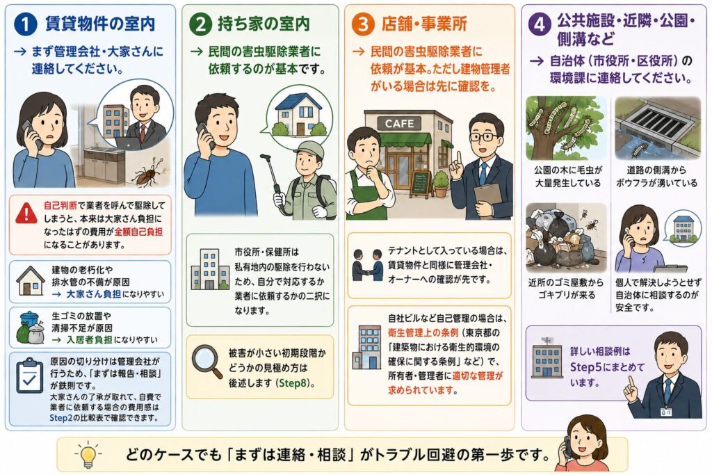 害虫発生時の相談先をケース別に解説した比較表。賃貸物件、持ち家、店舗・事業所、公共施設・公園ごとの連絡先や対応方法、管理会社・大家・自治体への相談手順をイラスト付きで紹介。