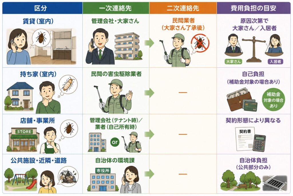 害虫発生時の相談先と費用負担を比較した一覧表。賃貸、持ち家、店舗・事業所、公共施設ごとの一次連絡先、二次連絡先、費用負担の目安をイラスト付きで解説。